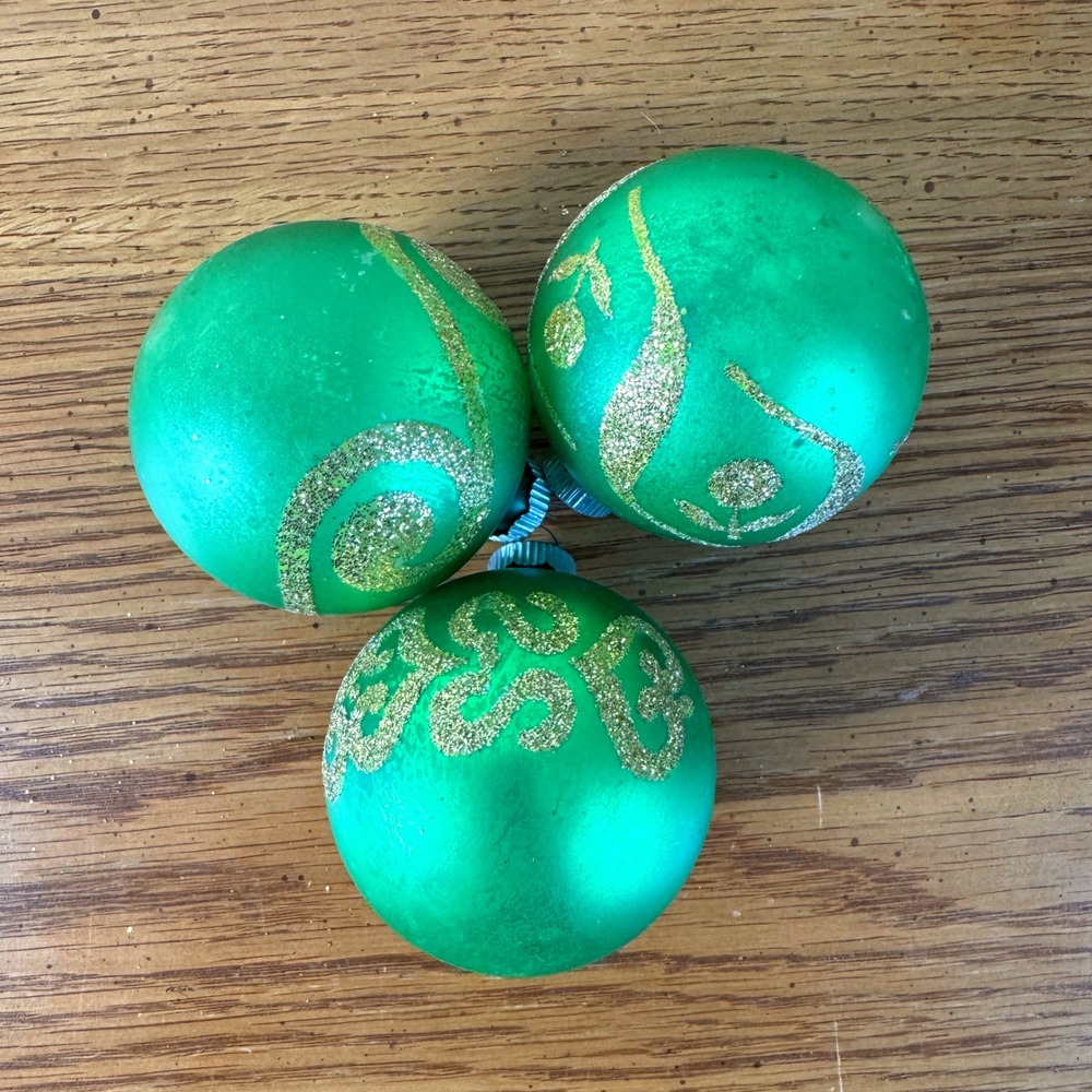 Set of‎ 3 Shiny Brite Vintage Glass Christmas Ornament Gold Glitter Patterns